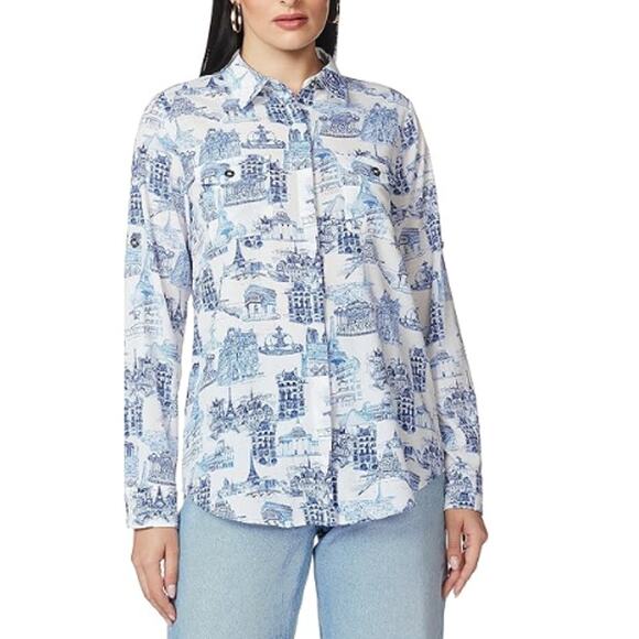 Karl Lagerfeld Women's White France Landmarks Print Button-Up Blouse Size S - Picture 1 of 9